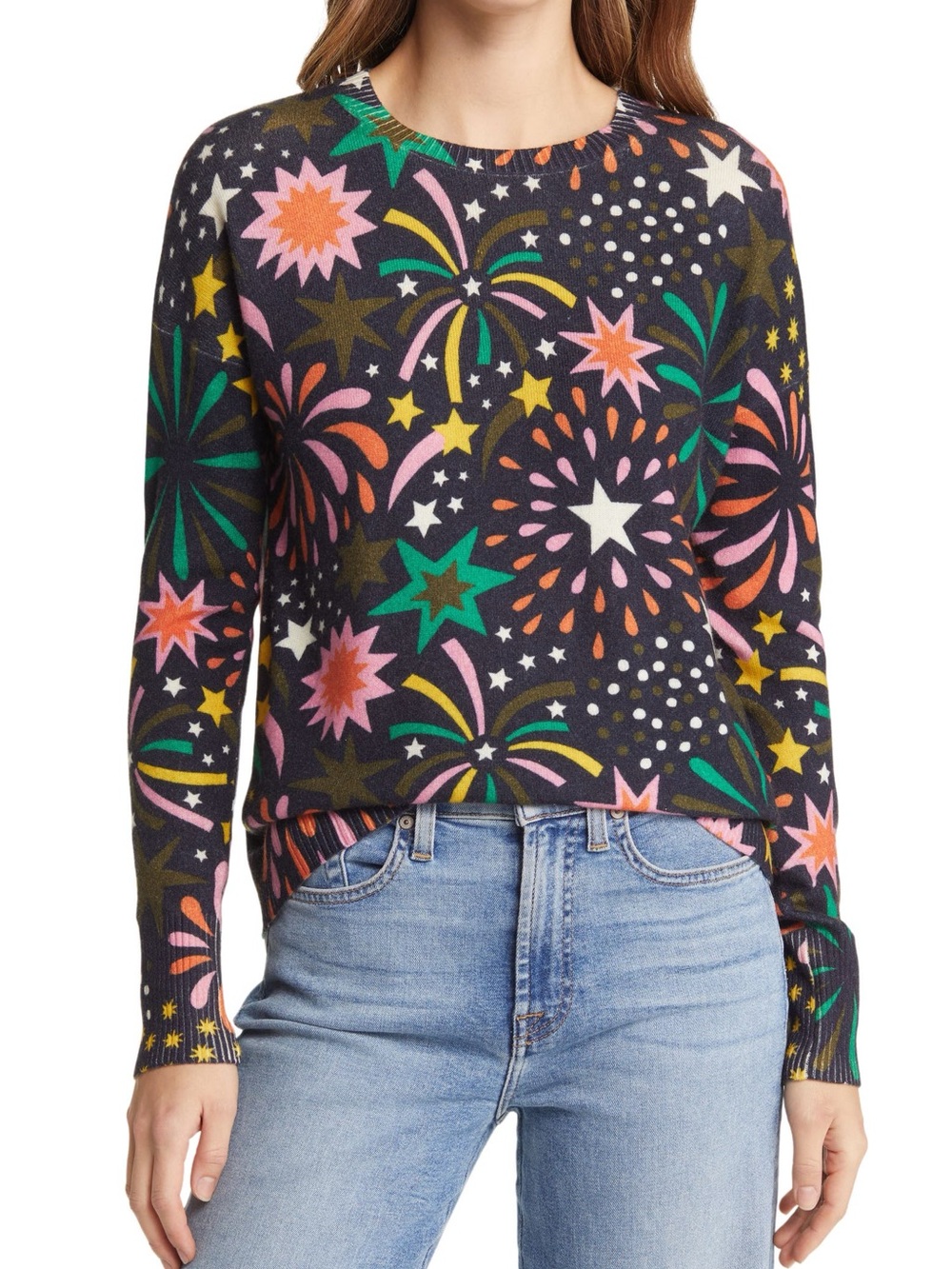 Boden Black Multi Firework-Print Crewneck Sweater 100% cashmere XL